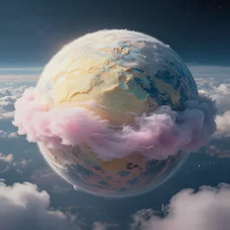 Ice-cream covered planet with mountains made of cotton candy in clouds on the background, science-fiction, cinematic lighting, cinematic angle, Guillem H. Pongiluppi, Sviatoslav Gerasimchuk, Federico Pelat