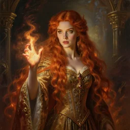 Fantastic, fairytale, portrait,  painting, beautiful!, female mage!, long flowing red hair, light emitting from fingertips, ornate gown, smoldering, serious, royalty kingdom, royal court, hyperreal, photoreal painting, dungeons and dragons