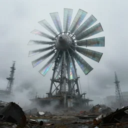 a futuristic image of a huge derelict waste ground with gigantic metal tower with glass turbine blades, by James clyne, foggy, cyberpunk, iridescent, artstation, CG society