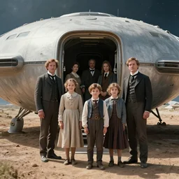 still from a sci fi blockbuster movie, set in 1860, of a family leaving a spaceship, that has just landed on an alien planet, wearing 1850s era clothes, good lighting, 4k, HD, in focus, clear faces