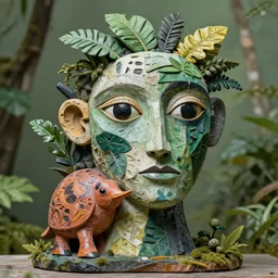 abstract, sculpture 🐷 Picasso, made of various materials from rainforest of face of artificial intellicgence