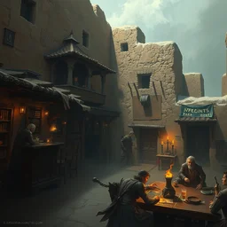 a rowdy pueblo tavern with all races of fantasy, adobe walls, interior shot, wide angle, dark fantasy matte painting by anato finnstark and craig mullins and boris vallejo, trending on artstation