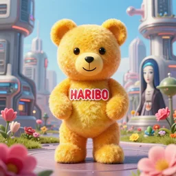 portrait of haribo bear in future city, color and shape focus, central composition, natural light, bloom, puff, by simon stalenhag and rene magritte and anton f