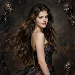 portrait of a young female wizard in flowing sensual dress, long fine flowing hair, delicate, looking at camera, slightly smiling, realistic face, stylish, elegant, grimdark fantasy, extremely detailed painting inspired by Gerald Brom and Ernst Haeckel and Carvaggio , studio lighting