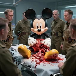 mickey mouse, dissected by a group of network executives, on an operating table, octane render, cgstation, 3 d render, very detailed, mindblowing, blood and guts, gritty, wwi - n 9
