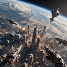 massive space battle over a city planet, high detail, trending on artstation, 4 k