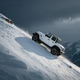 white jeep wrangler driving up steep snowy mountain ridge on edge of a cornice, dramatic lighting, cinematic, photo realism
