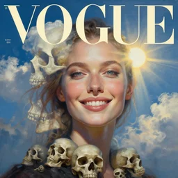 sci - fi, morning, smiling fashion model face, sun, cinematic, clouds, sun rays, vogue cover style, poster art, blue mood, skulls, realistic painting, intricate oil painting, high detail illustration, figurative art, multiple exposure, poster art