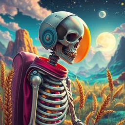 a skeleton astronaut!!!!!!!!! with his helmet off by kren cushart and alexander jannson on a colorful alien wheat world with lime!!!! trees