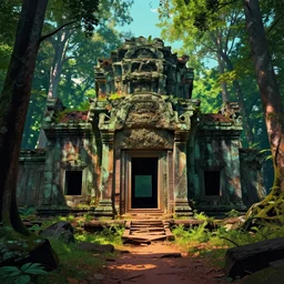 ancient ruins in the forest, retrowave art, 4k
