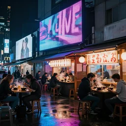 people eating at street food ramen shop, chillwave, electronic billboards, tech noir, wet reflections, atmospheric, ambient, livia prima, greg rutkowski, edward hopper, pj crook