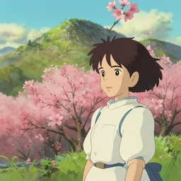 a peach blossom in the mountains, studio ghibli style