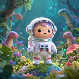 a still of a cute adorable tiny astronaut, on a planet of lush colorful foliage surrounded by kaiju monsters, magical forest, sharp focus, neon backlit, highly detailed, disney pixar studio ghibli makoto shinkai, digital painting, matte, octane render, cinematic volumetric lighting, global illumination, iridescent, anime, 8 k concept art
