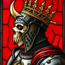 detailed portrait of a scary knight, profile view, side view, kaldor helmet, skull - shaped visor, no mandible, royal crown with big spikes, plate armor, stained glass art, by alphonse mucha, red background, very masterful