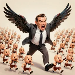 angry mr. bean with his mouth wide open flapping his bird wings, thousands of little mr. beans are chasing him, fear panic, restlessness by artgerm