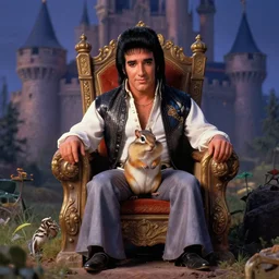 a chipmunk called elvis as the king of the world, sitting on his throne in his castle, atmospheric lighting, nice composition, art inspired by thomas kinkade