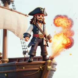 a cool looking pirate, standing on the edge of the ship, big explosion on the background, in the style of terminator