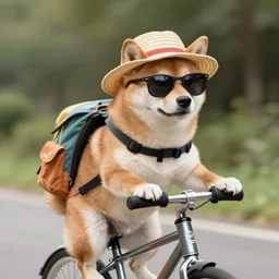 A photo of a Shiba Inu dog with a backpack riding a bike. It is wearing sunglasses and a beach hat