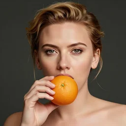 scarlett johansson as an orange fruit, realistic, portrait, detailed