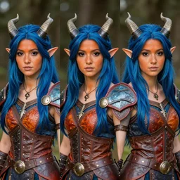 triptych of youthful female feminine horned tiefling female bard with long blue bob cut hairstyle, her skin is orange and tanned, and her eyes are pure black orbs, and she is wearing colorful leather armor by rossdraws,