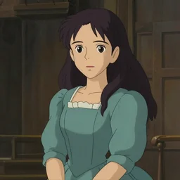 a beautiful girl with long dark hair, wearing a victorian style dress, portrait by Studio Ghibli and Greg Rutkowski, artstation
