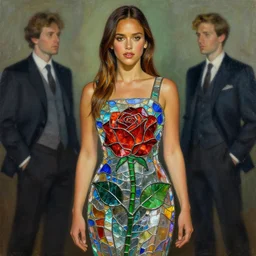 jessica alba wearing a dress made from stained glass in the design of a rose. painting by artgerm and greg rutkowski and ilya kuvshinov