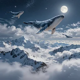 snowy mountain range, stars in sky, whales flying in clouds, digital painting, concept art, high detail, style of Jordan Grimmer, fluffy calm clouds, matte painting, high res, moon shine, volumetric, starry sky
