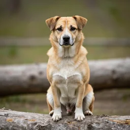 a dog sitting on a log