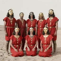 vintage photo group portrait of a esoteric cult members in desert, early black and white 8mm, wear red tunics and gold mask and jewels
