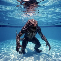 an ultra wide colour 3 5 mm film photo of a terrifying reptile humanoid creature, lurking underwater in a public swimming pool, liminal spaces, ritual occult gathering, film grain