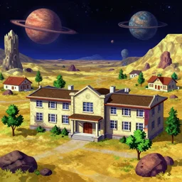 outside the administration building in a small colony on a strange wild planet, from a Lucasarts graphic adventure game made in 1998