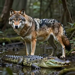 chimera made of a wolf and a crocodile, photo of wolf, photo of crocodile, trending on deviantart, photo realism, realistic wood swamp, professional photoshop artwork utilizing photographs