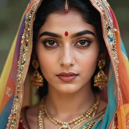 close up portrait shot of a beautiful east indian princess wearing flowing colourful clothes, highly detailed face, detailed eyes, alphonse mucha, rhads, ross tran, artstation, artgerm, octane render, 1 6 k