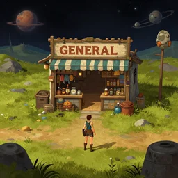 in front of a [ [ [ general store ] ] ] in a remote outpost, on an alien planet, from a space themed point and click 2 d graphic adventure game, set design inspired slightly by tomb raider, art inspired by thomas kinkade and mark keathley