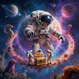 Astronauts have a treasure with them, they take over the giant Cthulhu, they are over the ring of the gas planet, this is an extravagant planet with wacky wildlife and some mythical animals, the background is full of nebulas and planets, the ambient is vivid and colorful with a terrifying atmosphere, by Jordan Grimmer digital art, trending on Artstation,