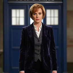 Jenna Coleman as the Doctor, velvet blazer, waistcoat, Doctor Who