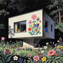 ( ( gediminas pranckevicius ) ) house by kengo kuma, art by syd mead and malevich, very coherent, sharp, colorful high contrast, dark shadows, hard lighting, pastel color, floralpunk flower garden, inking etching screen print