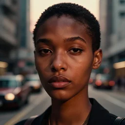 portrait face of a beautiful gorgeous black edgy model girl with short hair, she's sad, sunset, street of hong kong, 8 0 mm lens, 1. 2 aperture, grainy image, close up, cinematic light, 8 k, 4 k, very detailed, depressing atmosphere, cover magazine