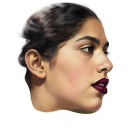 a beautiful mexican woman's face in profile, maroon lips, white background, dynamic, ultra detailed, 4 k, illustration, by kehinde wiley, kadir nelson, jan van eyck