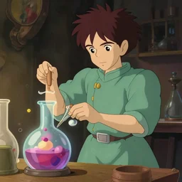 a young gandalf with brown hair is standing at his desk working on a experiment, bubbling potions, medium shot, waist up, studio ghibli, pixar and disney animation, sharp, rendered in unreal engine 5, anime key art by greg rutkowski and makoto shinkai, bloom, dramatic lighting, cinematic