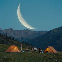 a very high resolution image from a new movie. an half moon in the mountains while people are camping. 2 4 mm, photorealistic, photography, directed by wes anderson