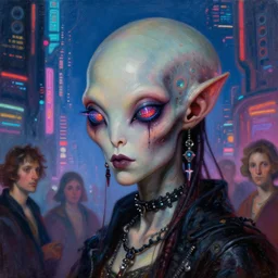 close up portrait of a fractal punk goth alien martian girl with led eyes in a fluorescent cyberpunk futuristic city, oil painting by canaletto hieronymus bosh leonardo da vinci piero della francesca botticelli