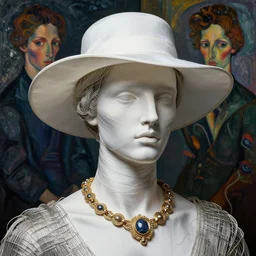 seed 3 3 1 4 5 9 6 0 5 1 in style of michael angelo futuristic portrait with hat made by wires and white silk twisted around her face, necklace made by wires, design by leonardo davinci, inspired by egon schiele, modern art, baroque art jewelry, new classic, hyper realistic, cinematic composition, cinematic lighting, fashion design, concept art, hdri, 4 k 3 3 1 4 5 9 6 0 5 1
