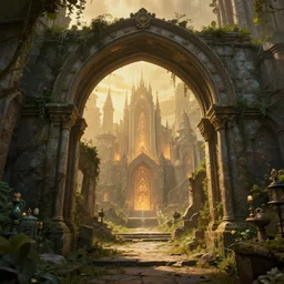overgrown ruined stone archway into a magical city, beautiful, intricate, detailed, golden light, movie frame, 8 k
