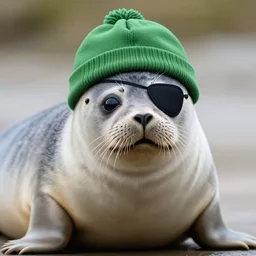 a cute fat seal wearing a green winter cap and an eye patch on one eye, realistic
