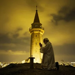 An old and friendly looking catholic priest kneeled in prayer at the summit of a tall tower. The night sky is filled with a yellow shadow. 4K photograph, dramatic lighting