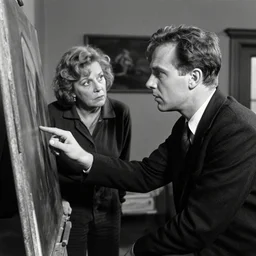 of norman character from film psycho discussing a painting he did with his disapproving mother. black and white photo