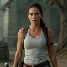 film still of!!!! liz katz!!! as lara croft in new tomb raider movie, 8 k