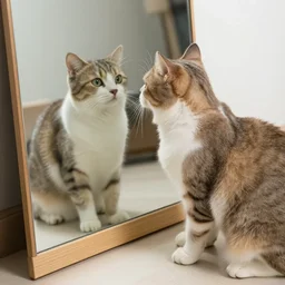 a cat standing on two legs staring into a mirror, 4 k, photography,