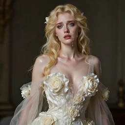 neoclassical hyperrealistic 5 0 mm hasselblad portrait of a blonde liquid goddess who is crying high detail blue eyes woman with a beautiful body dressed with a majestic semi transparent silk cream roses long dress, ornate, intricate, detailed, dramatic light, award winning, artstation, octane render, meredit frampton style